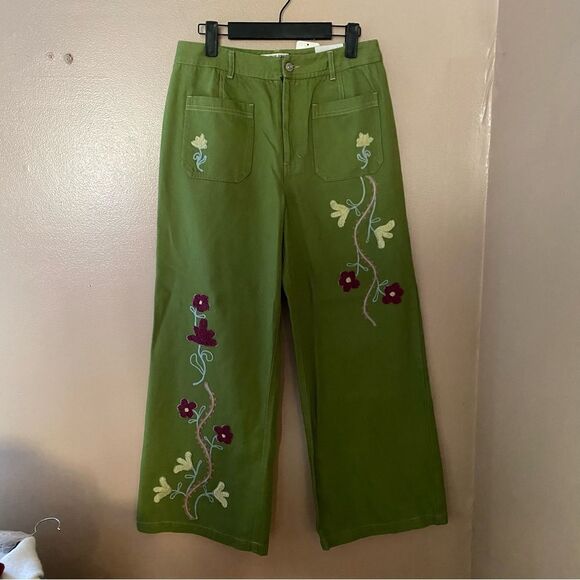 Free People We The Free pants jeans winter bloom embroidered green wide leg 27 - Picture 4 of 10